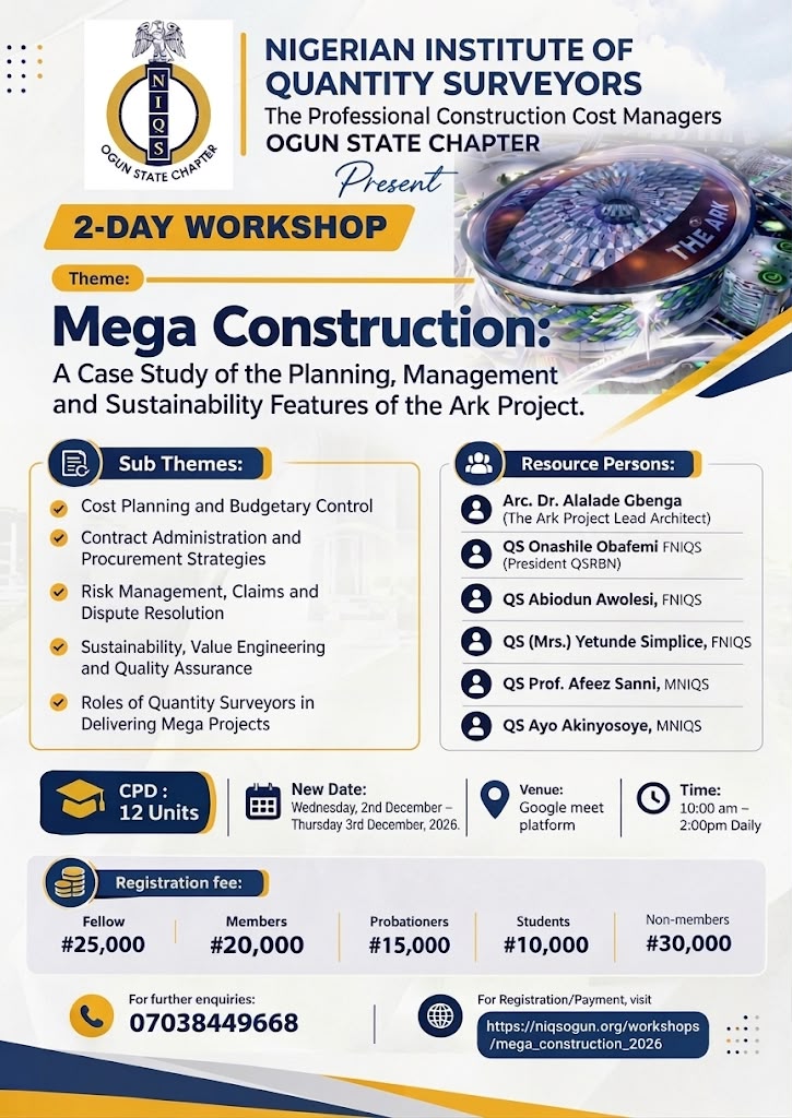 NIQS Ogun Mega Construction 2-Day Workshop 2026 flyer