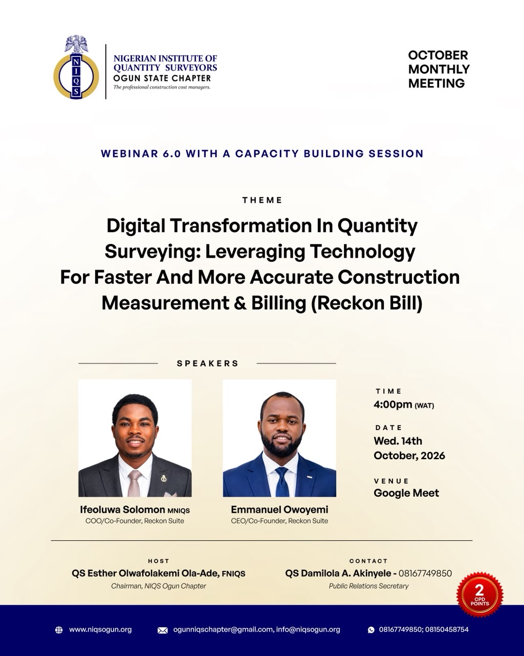 Webinar 6.0 flier — Digital Transformation in Quantity Surveying: Leveraging Technology for Faster and More Accurate Construction Measurement & Billing (Reckon Bill)