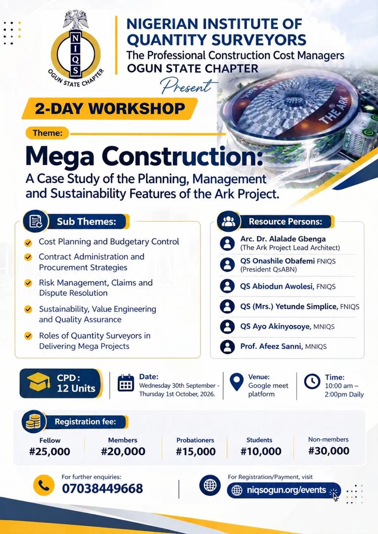 NIQS Ogun Mega Construction 2-Day Workshop 2026 flyer